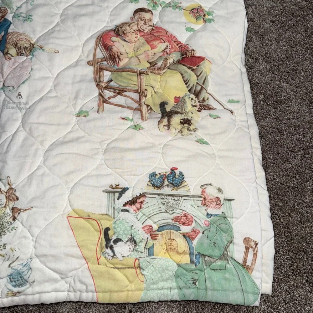 Norman Rockwell Quilt Bedspread Full Queen White Fair Vintage Americana Art